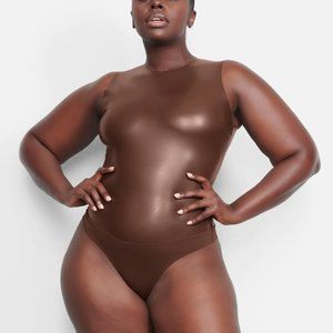 SKIMS Faux Leather Crew Neck Bodysuit in Cocoa Size Small